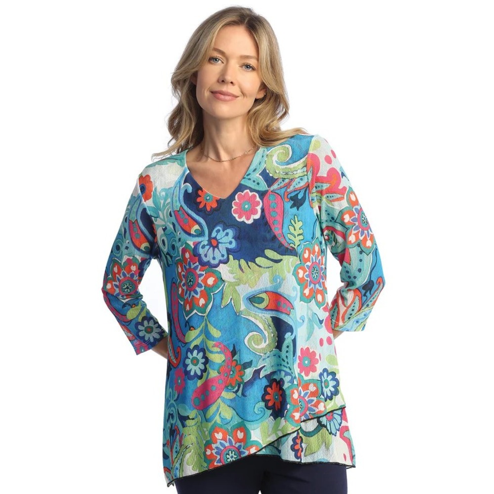 Jess & Jane‎ Marina Crepe Mesh Criss Cross Hem Tunic Top CM2-1888 Blue Floral M